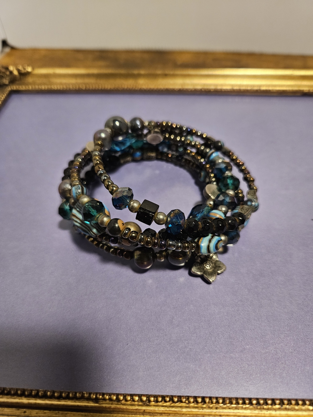 Vintage Beaded Wrap Bracelet With Glass, Stone And Metal Beads. Flower Charm